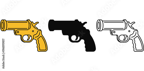Three handguns in different colors on a white background