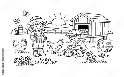 Farm morning with children collecting eggs from a chicken coop, friendly chickens clucking around, flowers and grass growing