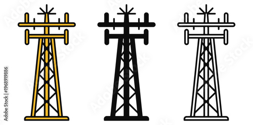 A set of power transmission towers in different colors and line styles on a white background