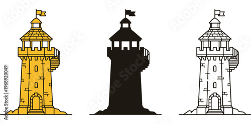 A colorful illustration of three castle towers in different colors and styles on a white background