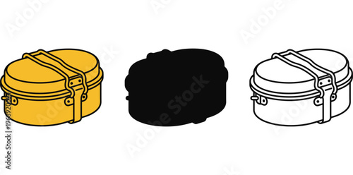 A set of three round lunchboxes in different colors on a white background