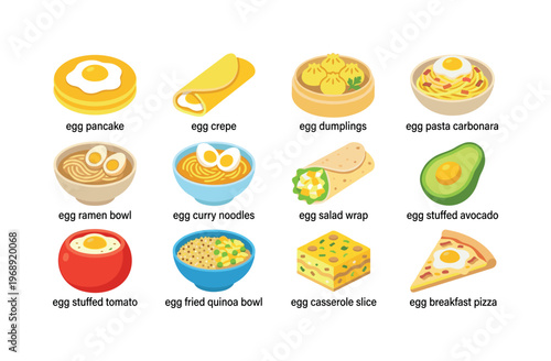 Egg benedict plate, quiche slice, frittata slice, spanish tortilla wedge, shakshuka skillet, egg drop soup bowl, tamago sushi,