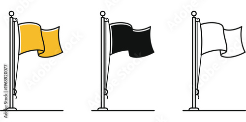A graphic illustration of three flags on flagpoles in different colors and styles.