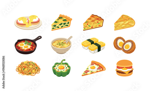 Boiled eggs, fried eggs, scrambled eggs, omelette, poached eggs, deviled eggs, egg salad bowl, egg sandwich, egg toast, egg wrap,