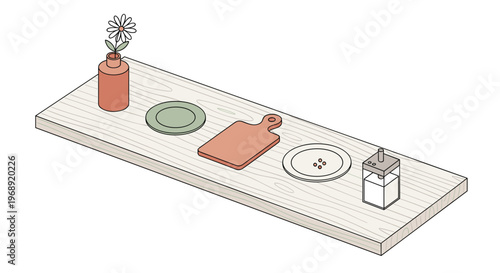 A minimalist light wood shelf displays a curated collection of kitchenware including a terracotta vase with a flower and various ceramic dining plates.