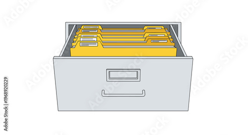 A sturdy grey office storage drawer is pulled open from the front to showcase multiple yellow manila folders neatly arranged for easy access today.