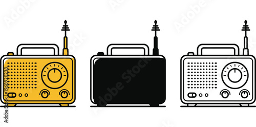 A set of three vintage radio designs in different colors and styles on a white background