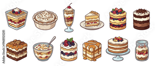 Delicious assortment of layered cakes, creamy parfaits, and sweet pies, perfect for any celebration or indulgent treat.