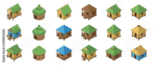 Set of isometric cartoon huts, shacks, and small houses featuring traditional designs and natural materials.