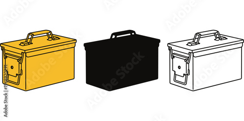 Three metal boxes in different colors on a white background