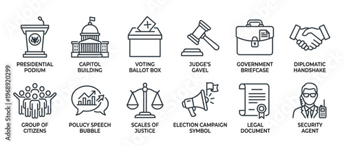 Collection of outline icons representing various elements of government, political processes, and legal systems in a modern, minimalist style.