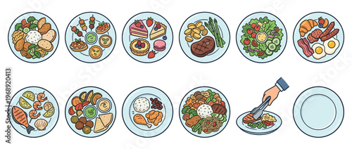 Various food dishes are presented on plates, showcasing a wide array of cuisines and meal types for diverse dining experiences.