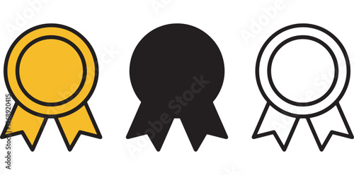 A set of three award ribbons in different colors and styles on a white background