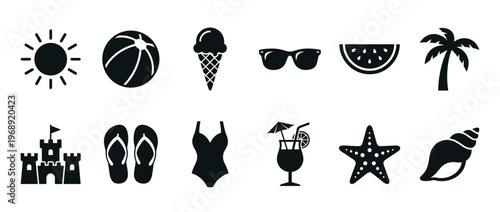 Collection of summer vacation icons featuring sun, beach ball, ice cream, sunglasses, and other holiday elements.