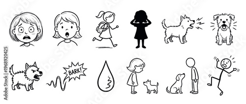 Children and dogs doodle illustrations depicting various reactions to barking dogs, including fear, surprise, and running away from aggressive animals.