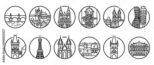 Collection of minimalist line art icons depicting famous architectural landmarks and historical buildings, representing popular travel destinations and urban structures.
