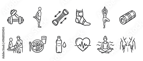 Collection of hand-drawn doodle icons representing various aspects of health, fitness, exercise, and wellness activities.