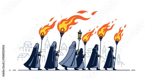 A mysterious group of hooded figures in dark robes marches in a line while carrying large flaming torches through a quiet medieval village setting.