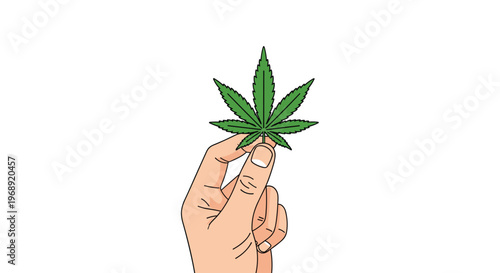 A detailed illustration of a human hand carefully holding a small green cannabis leaf between the thumb and forefinger against a white background.