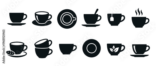 Coffee and tea cups icon set featuring various styles of hot beverage mugs, saucers, and steaming drinks, perfect for web and print design.