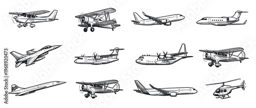 Diverse collection of hand-drawn aircraft, including various types of airplanes and a helicopter, illustrating different modes of air travel and aviation.