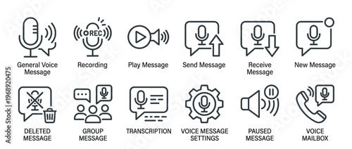 Voice message icons set for digital communication, recording, playback, sending, receiving, and managing audio messages.