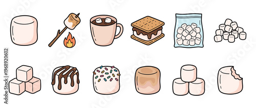 Marshmallows and sweet treats are depicted in a delightful collection of cartoon illustrations, showcasing various forms and preparations of the popular confection.
