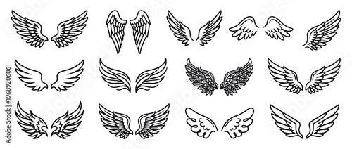 Collection of various stylized angel wings and bird wings in black outline for design elements and decoration.