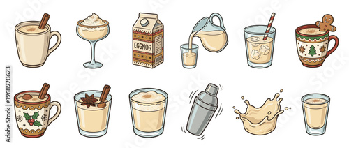 Eggnog drinks collection featuring various serving styles, ingredients, and preparation elements for festive holiday celebrations.