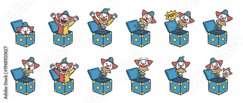 Cartoon illustration set of a funny clown popping out of a blue jack-in-the-box toy with various expressions and actions.