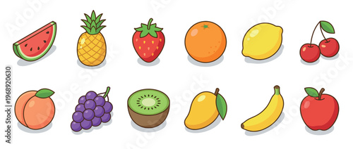 Colorful collection of various fresh fruits in a cute cartoon isometric style, perfect for healthy eating and food-related designs.