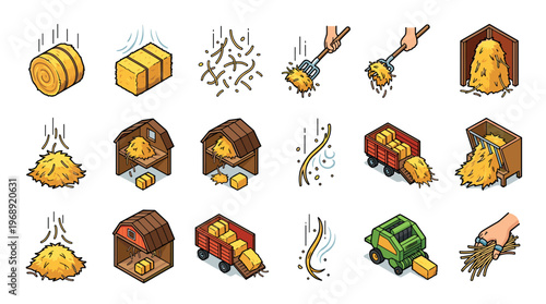 Hay bales, farming equipment, and agricultural processes are depicted in a comprehensive isometric illustration set.