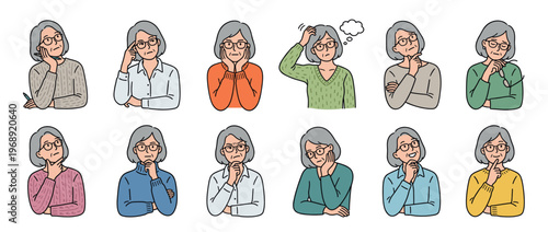 Elderly woman thinking and contemplating in a collection of various poses and expressions, showing different states of thought and problem-solving.