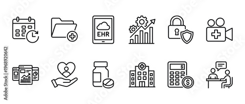 Collection of medical and business management line icons representing healthcare data, finance, security, and patient care services.
