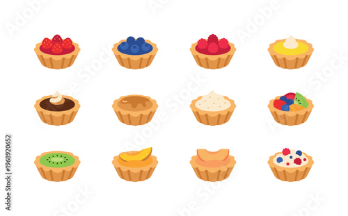 Mini tartlets with fillings including strawberry tartlet, blueberry tartlet, raspberry tartlet, lemon tartlet, chocolate tartlet,