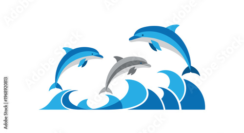 Three sleek dolphins in shades of blue and grey perform a synchronized leap over large curling ocean waves against a bright white background space.