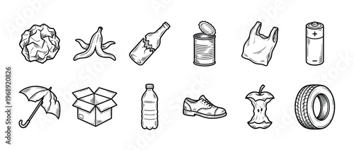 Hand drawn doodle style collection of various waste and discarded items, illustrating different types of garbage for recycling concepts.