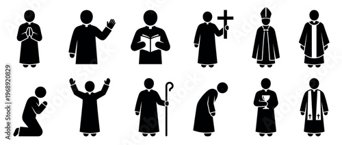 Religious figures and clergy members depicted in various poses and vestments, representing different aspects of Christian ministry and worship.