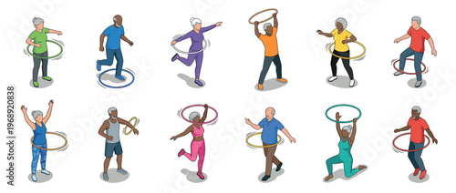 Senior adults enjoying hula hooping exercises, demonstrating active lifestyles and fitness for older people.