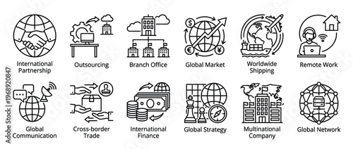 Global business international commerce concepts and strategies represented by a comprehensive set of line icons for modern corporate operations.
