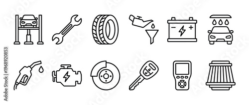 Car service icons, automotive repair symbols, and vehicle maintenance tools are depicted in a clean line art style, representing various aspects of auto care.