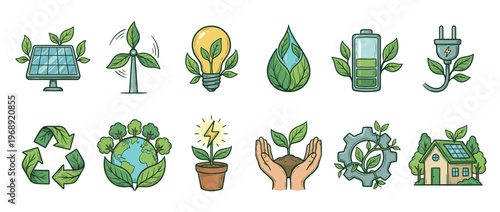 Eco-friendly icons representing sustainable energy, environmental protection, and renewable resources for a greener future.