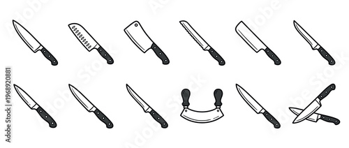 Set of kitchen knives in a doodle style, including chef's knife, bread knife, cleaver, and paring knife for culinary use.