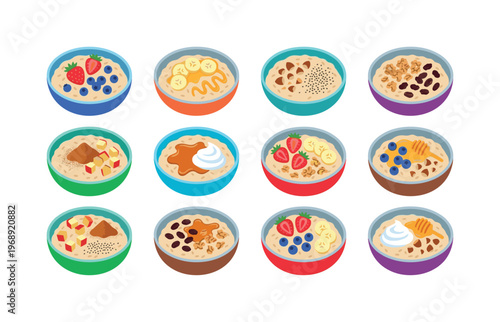 Bowls of oatmeal topped with fresh strawberries, blueberries, banana slices, honey drizzle, chopped nuts, chia seeds, granola