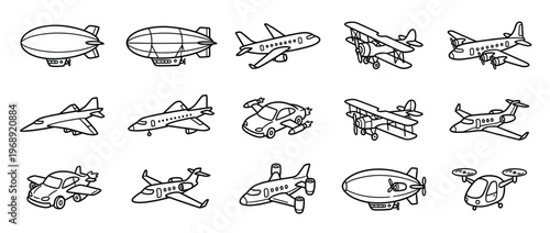 Set of various flying vehicles, including airplanes, blimps, and biplanes, illustrated in a simple outline doodle style.