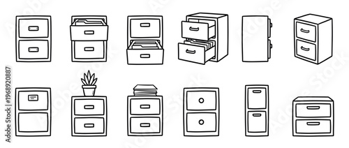 Collection of hand-drawn filing cabinets in various styles and configurations, representing office organization and document storage solutions.