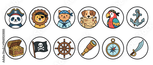 Cute cartoon pirate animals and nautical adventure elements set, perfect for children's designs and themed decorations.