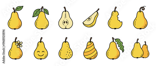 Cartoon yellow pears collection with various designs, including whole, sliced, bitten, and decorated fruits.