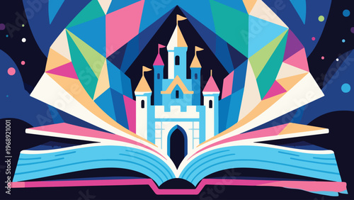 Illustration Of Fairy Tale Castle Emerging From Book Pages Vector Design Template
