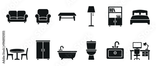 Collection of black silhouette icons representing various furniture pieces and home fixtures for interior design and household items